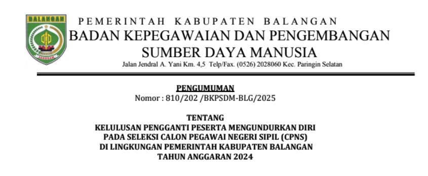 PENGUMUMAN KELULUSAN PENGGANTI PESERTA MENGUNDURKAN DIRI CPNS TA. 2024