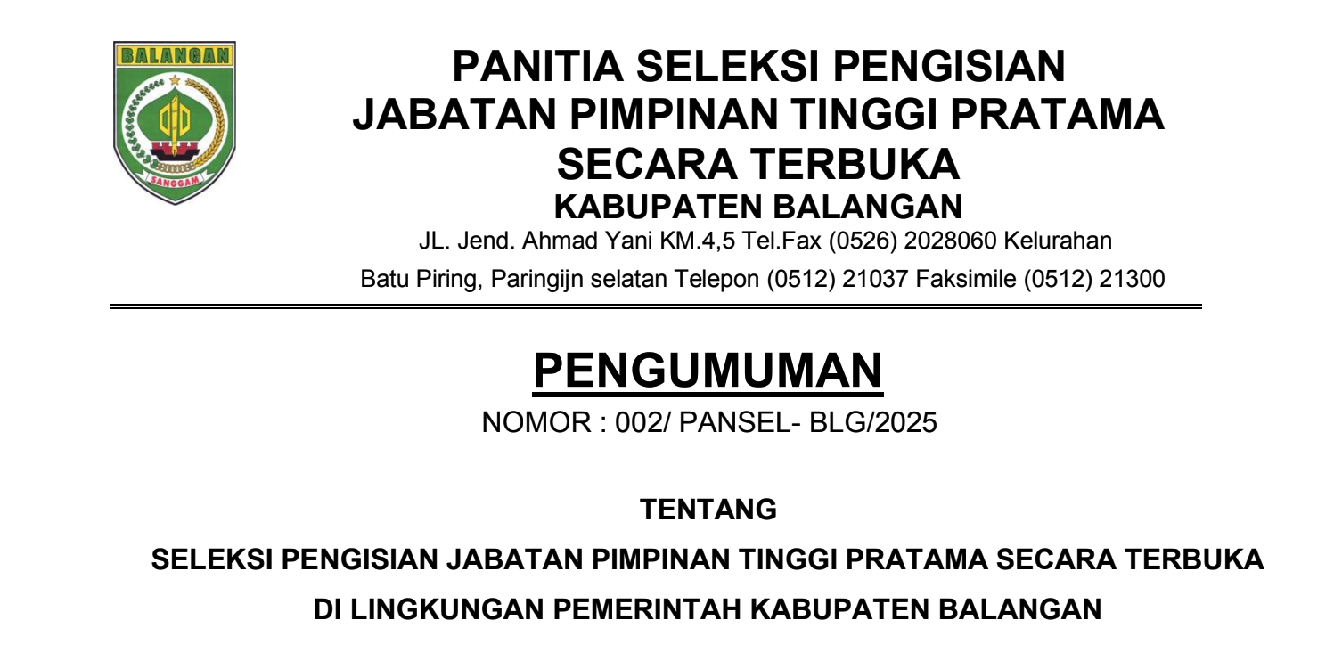 PENGUMUMAN SELEKSI TERBUKA JABATAN PIMPINAN TINGGI PRATAMA