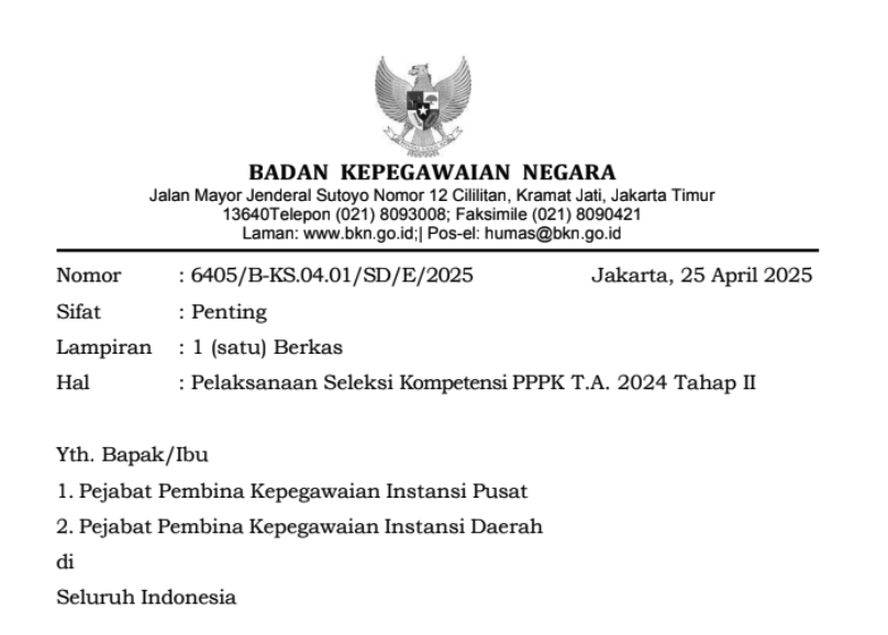 Penyesuaian Pelaksanaan Seleksi Kompetensi PPPK Tahap 2 Tilok Mandiri BKN T.A 2024